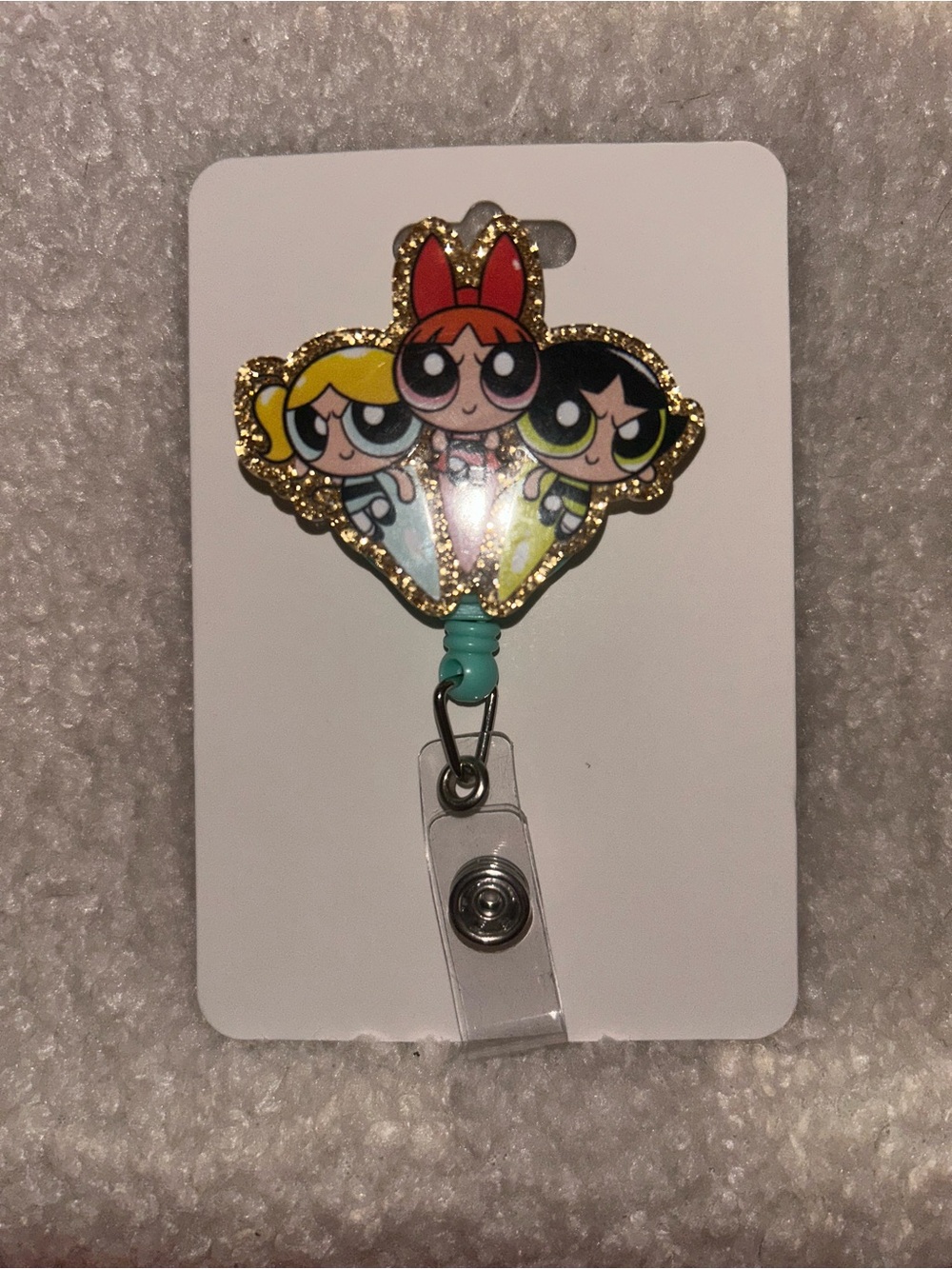 Powerpuff Girls Key & Card Holder Badge Reel in Multicolor with Gold Glitter
